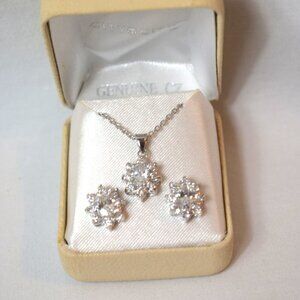 Vintage 3 Piece Silver Tone CZ Flower Necklace and Post Earrings Gift Set